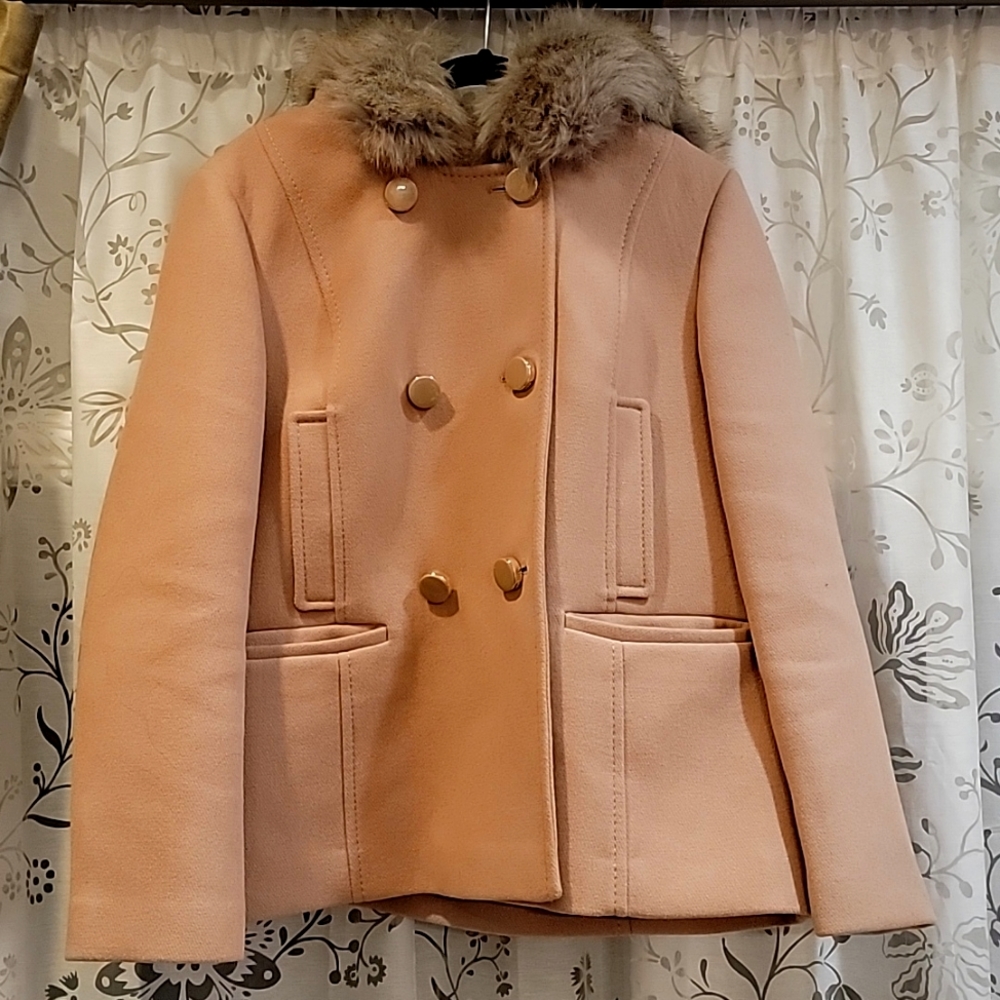 double breasted faux fur trim hood coat Camel
